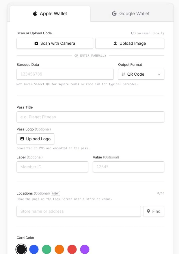 WalletWallet editor showing barcode input, pass details and a live Apple Wallet pass preview