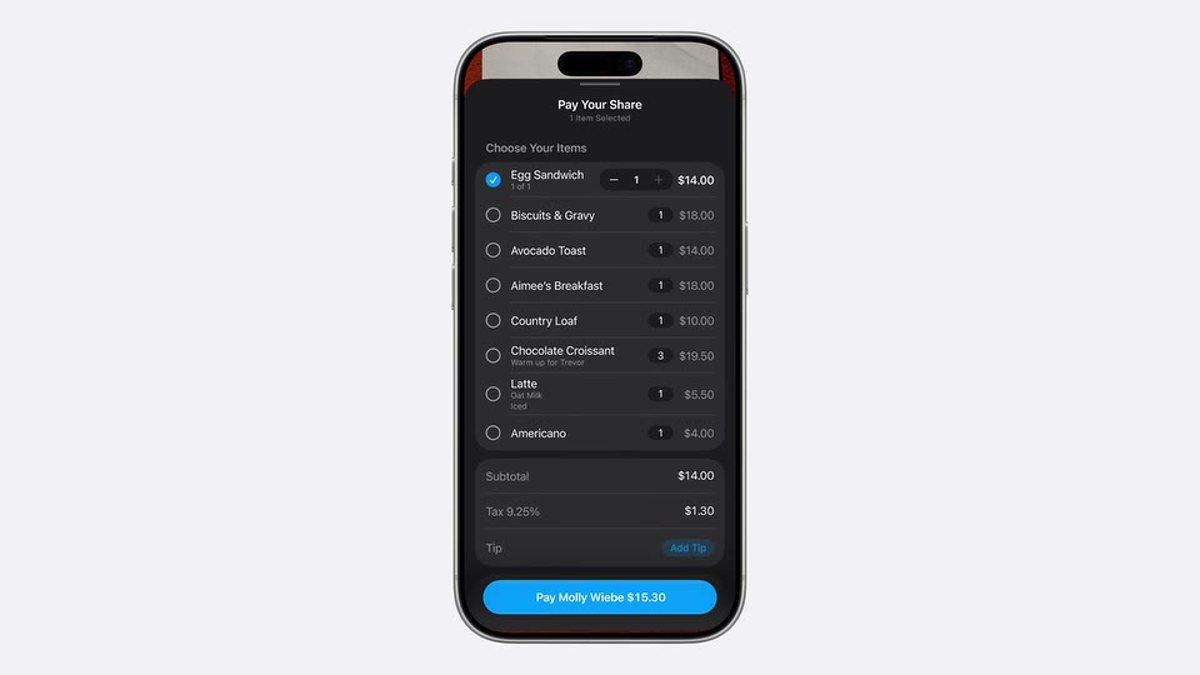 iPhone showing the Pay Your Share screen, splitting a restaurant bill by item with Apple Cash, during the WWDC 2026 Visual Intelligence demo