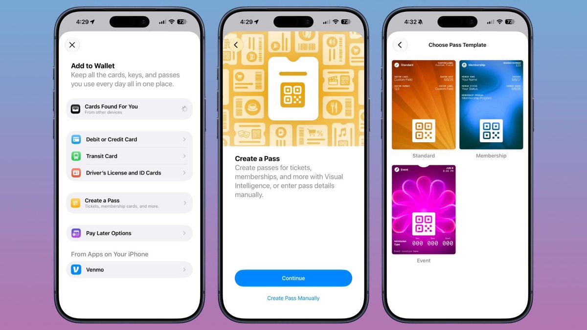 Three iPhone screens from the iOS 27 beta: the Add to Wallet menu with a Create a Pass option, the Create a Pass intro, and the Standard, Membership, and Event templates