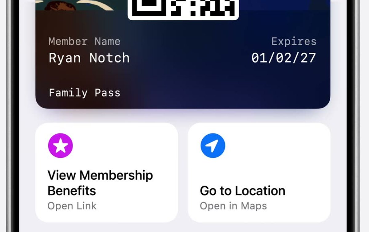 An Apple Wallet pass with two featured action buttons below it, View Membership Benefits and Go to Location, from the WWDC 2026 session