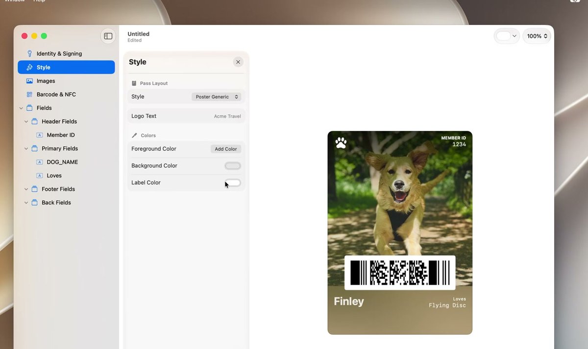 Apple's Pass Designer app showing the sidebar, the Style panel set to Poster Generic, and a live preview of a membership pass