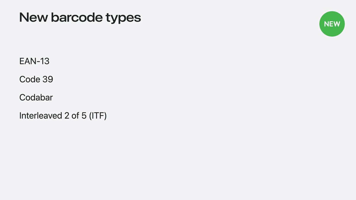 WWDC 2026 session slide titled New barcode types, listing EAN-13, Code 39, Codabar, and Interleaved 2 of 5 (ITF)