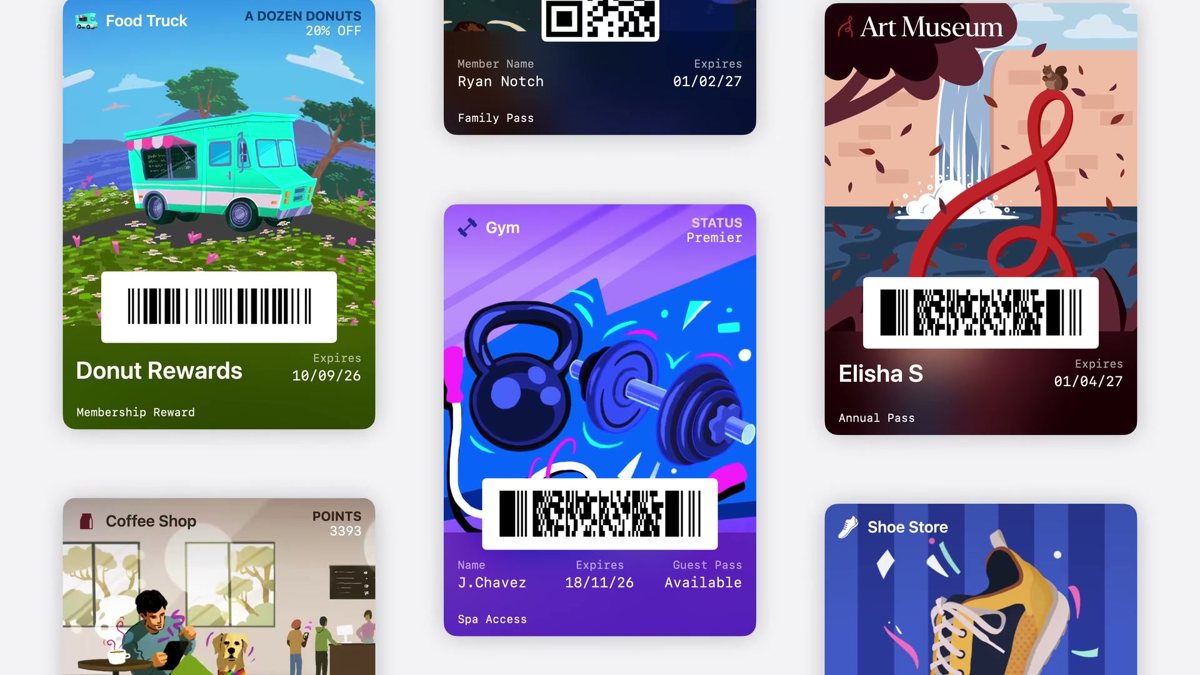 A grid of richly illustrated Apple Wallet passes from the WWDC 2026 What's new in Wallet session, showing the new Poster Generic style